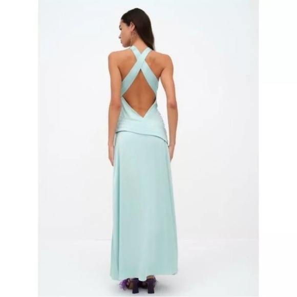 For Love & Lemons Andrina Maxi Dress Blue Turquoise Long Silky Satin XL Halter - Picture 2 of 7